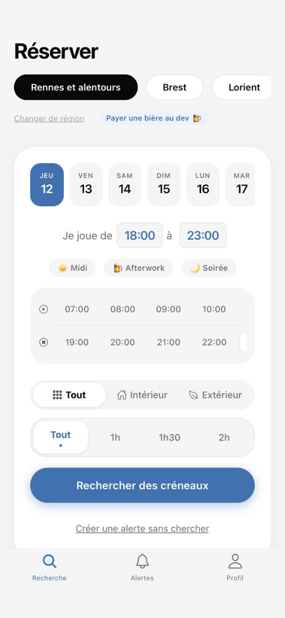 Recherche de créneaux padel
